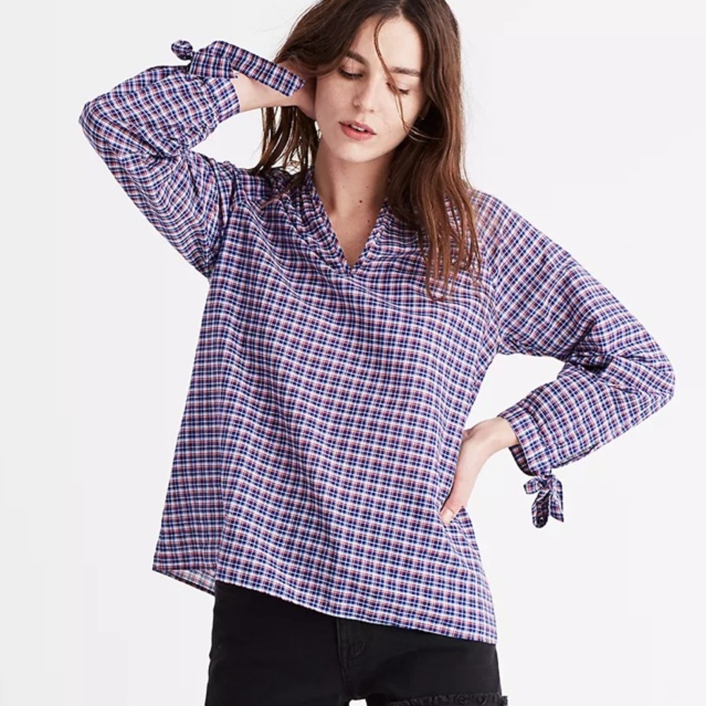 Madewell Plaid Tie-Sleeve Popover Blouse in Whitby Plaid Blue Red Size XS